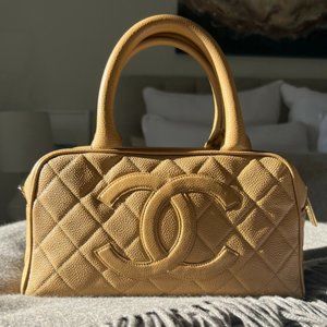 Chanel Quilted Caviar Leather Brown/Tan CC Bowler Bag/PURSE